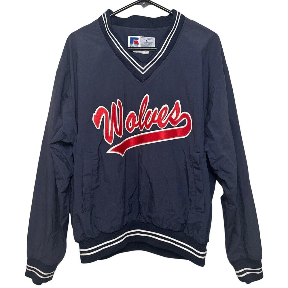 VTG Russell Athletic Pullover Windbreaker Navy Wolves V-Neck Nylon Jacket LG Men